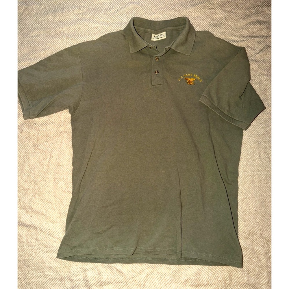 Earth Collection US Navy SEALs Polo Shirt Olive Green Embroidered Military Large